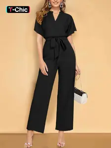 Fashion New Pure Color Basic Minimalist V Neck Sleeveless Womenswear Jumpsuit for Women with Waist Belt, Short Sleeve Long Pants, Casual Fitted All Seasons