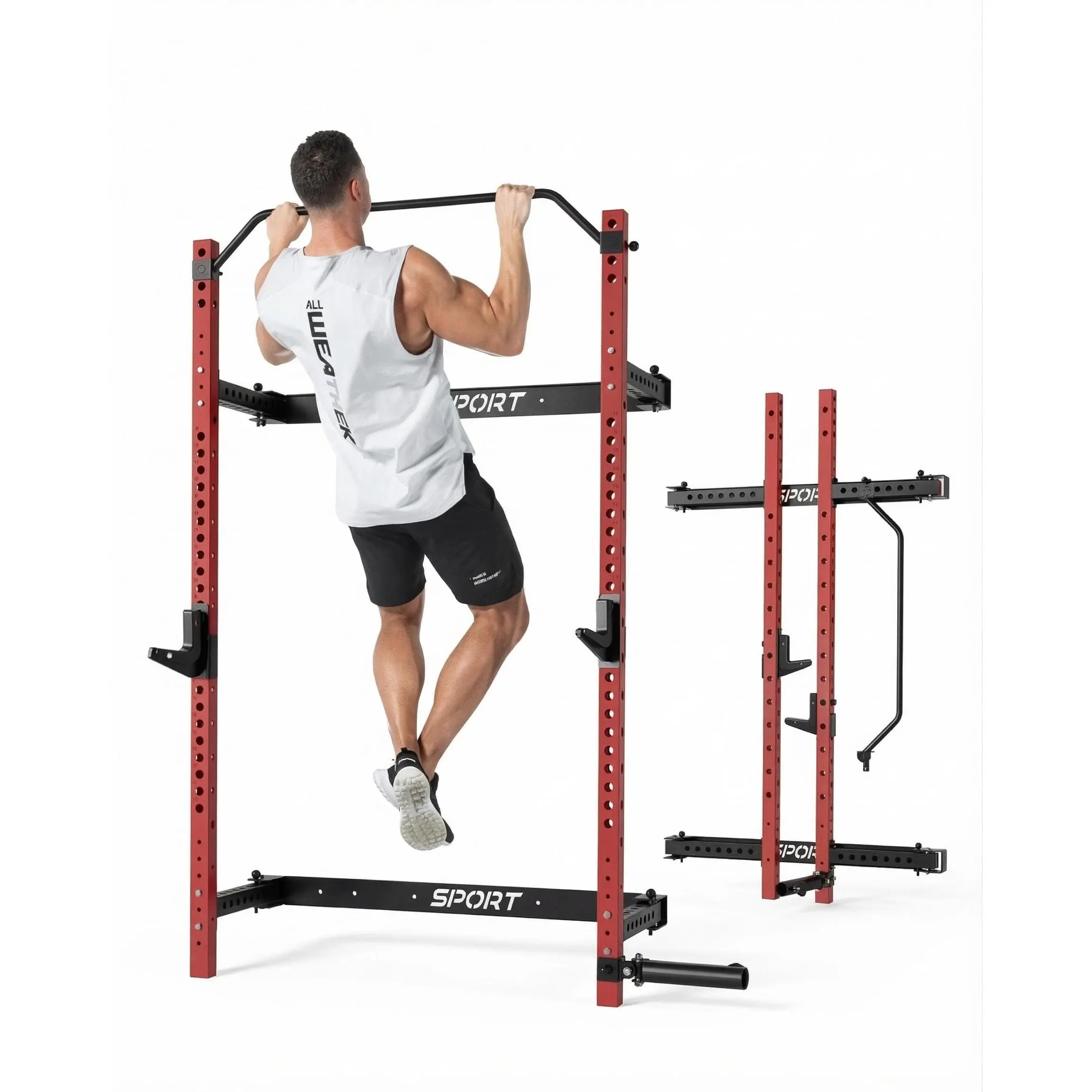 Foldable Wall Mounted Squat Rack, 1000LBS Capacity Folding Power Rack for Home Gym, 2.36” x 2.36” Space Saving Power Cage with Pull Up Bar, J Hooks & Landmine Attachments for Garage, Basement & Small Spaces