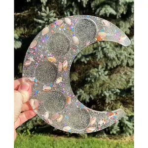 Crescent Moon 5 Candle Holder with Real Seashells and Sequins