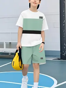 Boys' Fashion Sportswear Set, Colorblock Printed Tracksuit, Sports Style, Lightweight Comfortable Breathable Quick-Dry, Casual Outdoor Wear, Tee Shorts Set