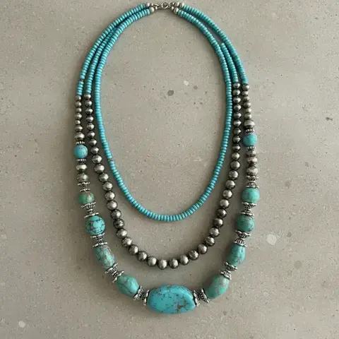 Boho Style Turquoise Texture Beaded Necklace Set, Bohemian Necklace, Fashion Jewelry for Party, Daily Clothing Decor, Trendy All-match & Exquisite Jewelry for Birthday Gift, Daily Wear Necklace, Decorative Necklace