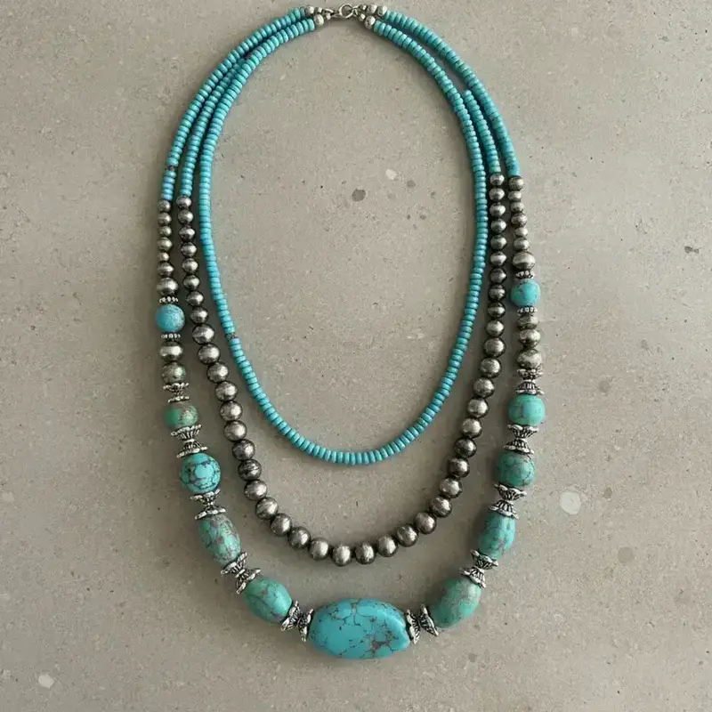 Boho Style Turquoise Texture Beaded Necklace Set, Bohemian Necklace, Fashion Jewelry for Party, Daily Clothing Decor, Trendy All-match & Exquisite Jewelry for Birthday Gift, Daily Wear Necklace, Decorative Necklace