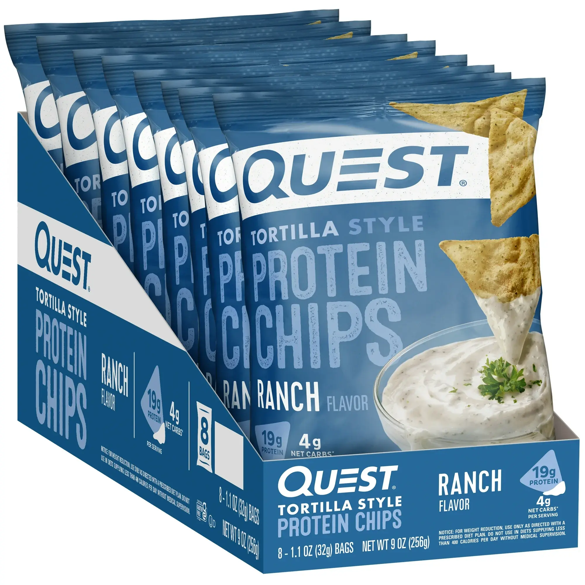 Quest Tortilla Style Protein Chips with 19g of Protein, Ranch Flavor, 1.1 Oz Bags, 8 Count Snack Crispy
