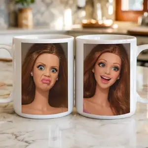 Doll Face Reaction Mug, Funny Sarcastic Humor Tea Cup, Meme Mug For Her, Weird Unhinged Novelty Coffee Lover Gift