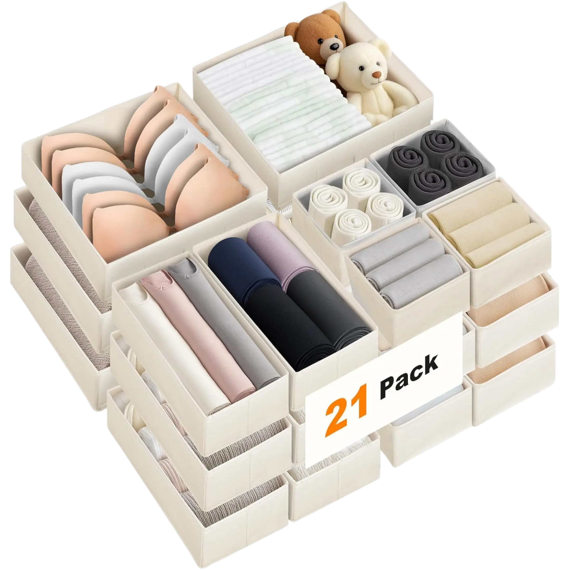 Premium Natural Linen Drawer Organizer Clothes, 21 Pack Dresser Organizer for Baby Clothes, Underwear, Socks, 3 Sizes Foldable Closet Organization and Storage Bins for Nursery, Bedroom (Beige) Plastic
