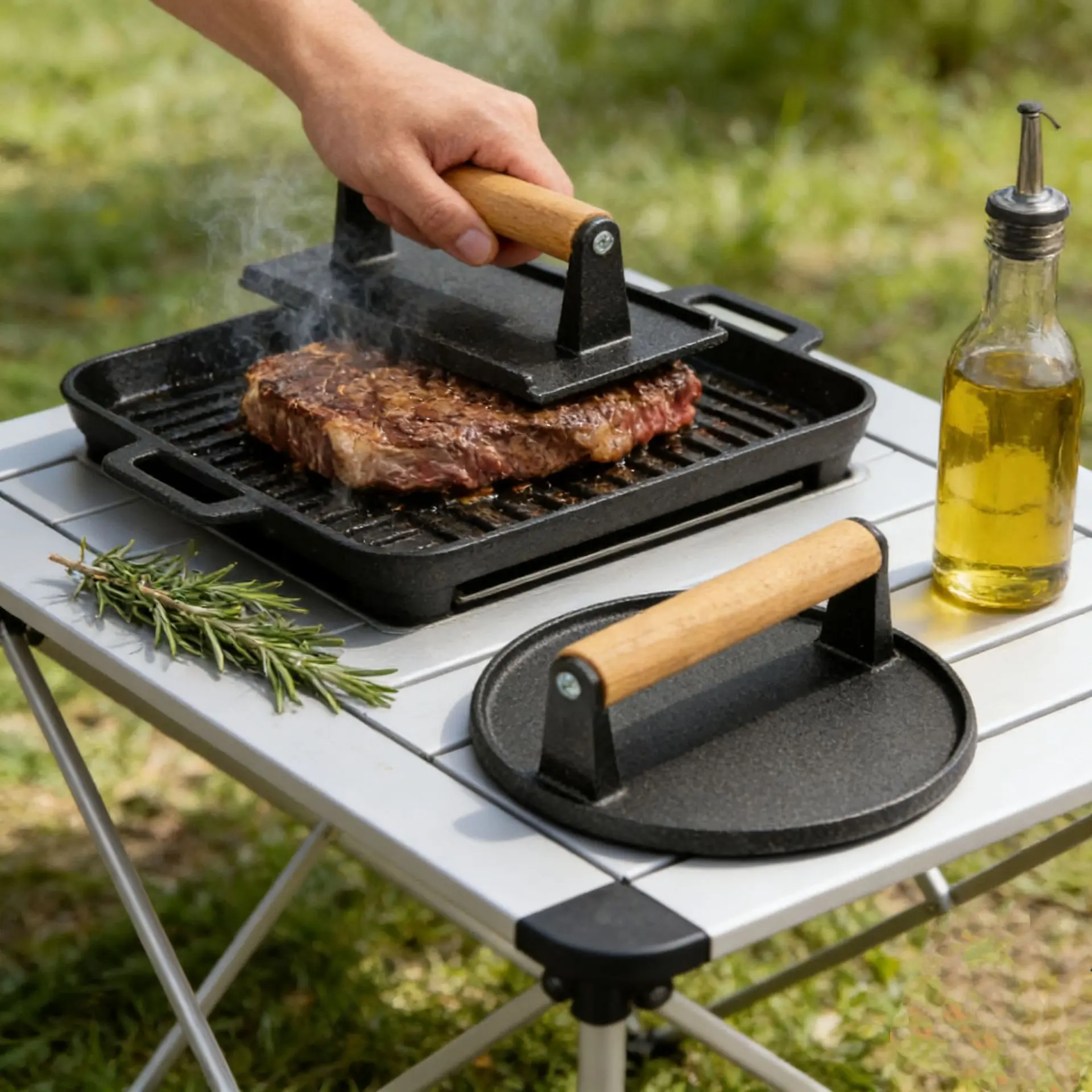 Dual-Size Cast Iron Smash Press -  Durable Grill Press,Heavy Duty Beef And Patty Press with Ergonomic Wood Handle for Bbq/Kitchen & Outdoor Cooking