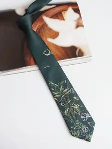 Luxury 2400 Needle Jacquard Skinny Tie, Dark Green Oriental Bamboo & Flute Pattern & Shiny Silvery Thread Details, Elegant Casual Light Luxury Tie, Designer Tie with Gift, Unisex Tie