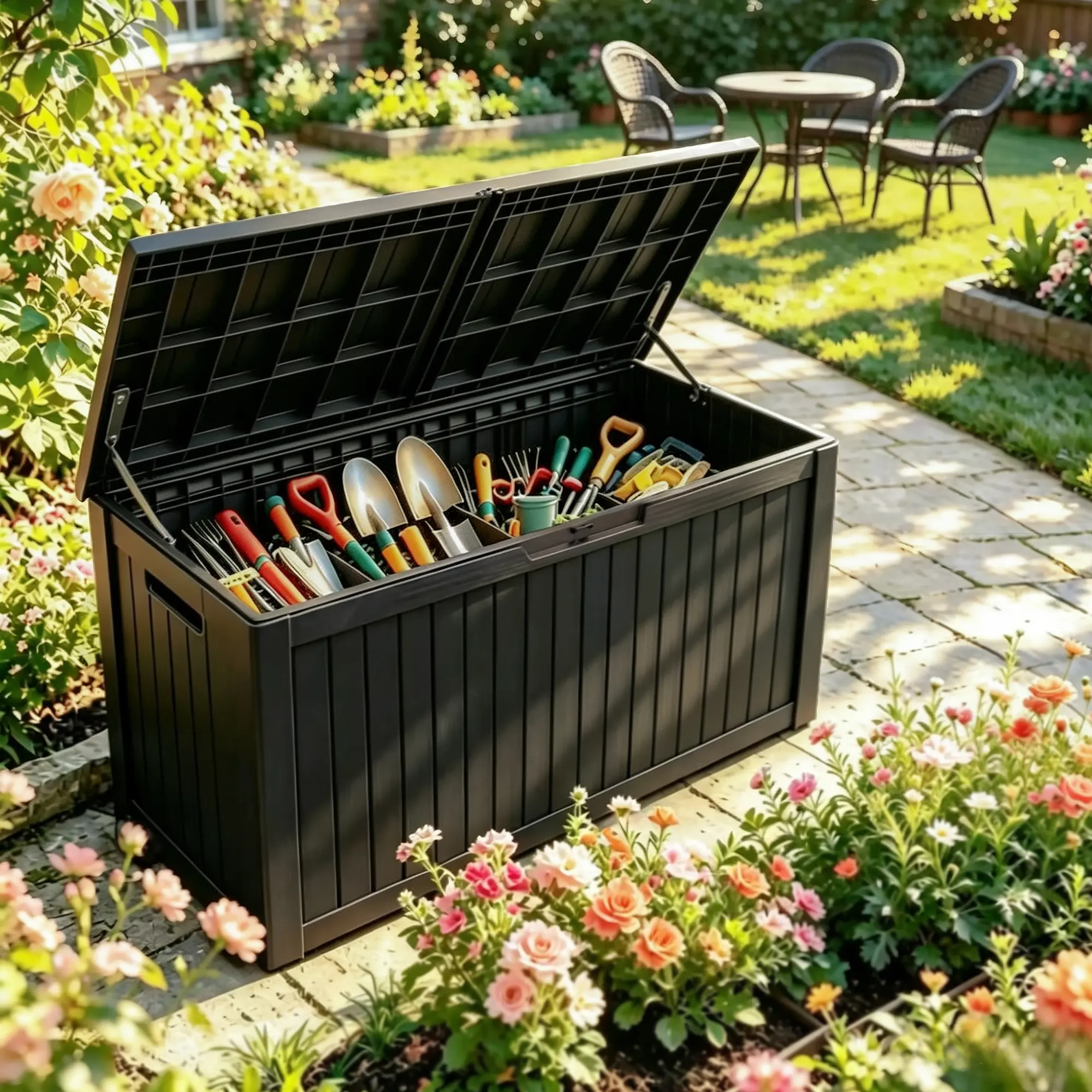 RIWENGO 85 Gal Waterproof Resin Outdoor Storage Bench, UV-Resistant Deck Box with Lockable Lid for Garden Tools, Pool Supplies