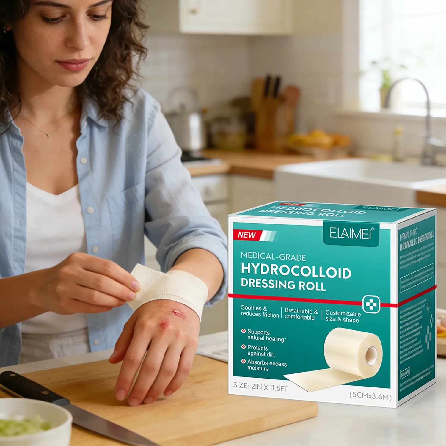 Elaimei Hydrogel Bandage Roll 5cmx3.6m, Waterproof Breathable Wound Care Tape, Fast Healing Skin Protection, Single Item Pack