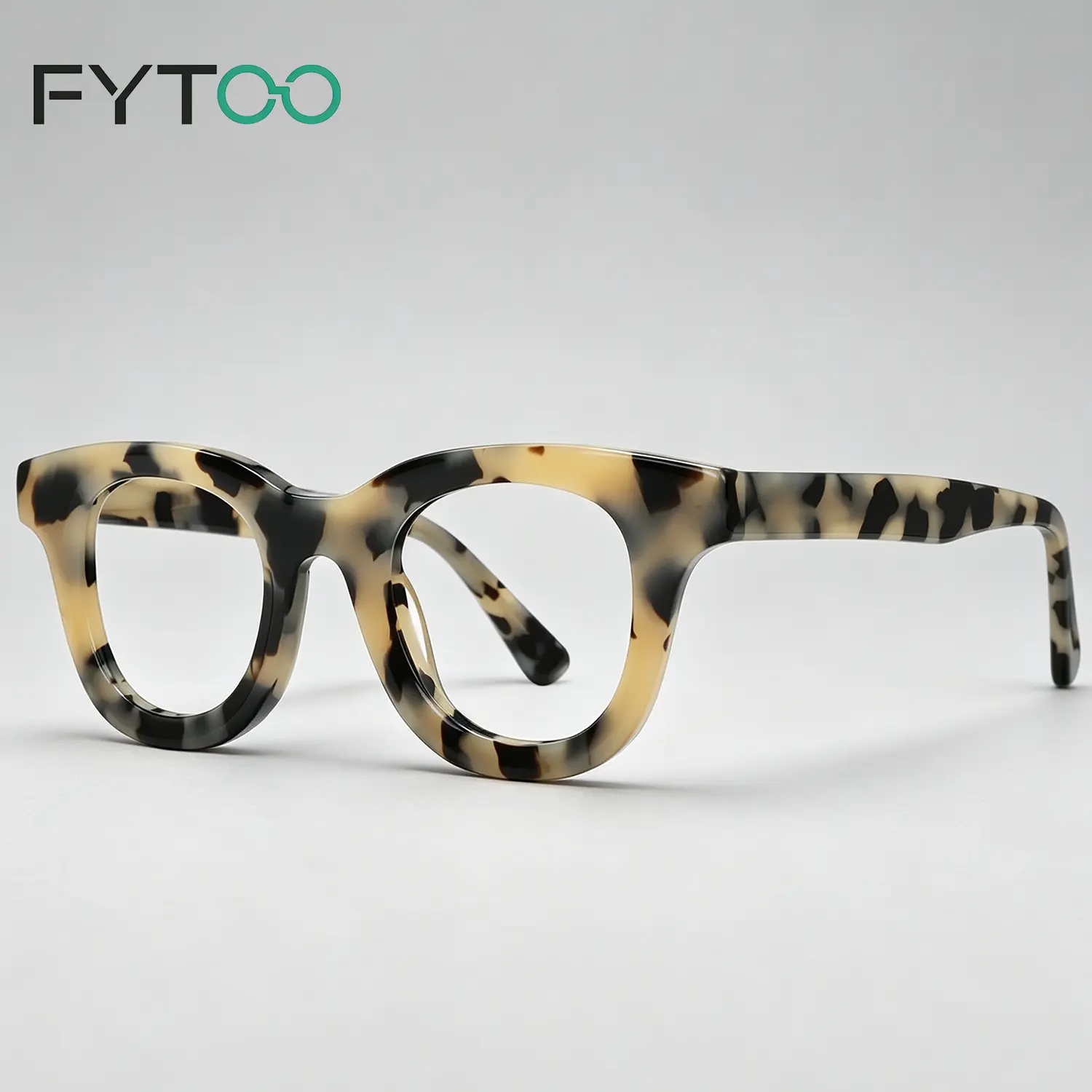 FYTOO Cream Tortoise Cat Eye Glasses Frame, Lightweight Solid Acetate Eyewear for Women, Vintage Thick Round  Eyeglasses  1402-13