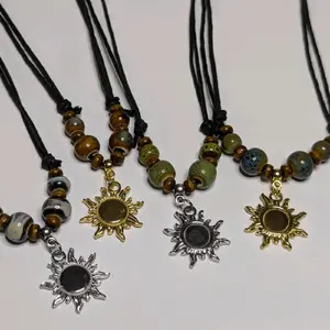 Sun Charm Stainless Steel Charm Ceramic Beaded Silver or Gold Boho Hippie Whimsical Gothic Adjustable Black Rope Cord Choker Stacking Necklace jewelry