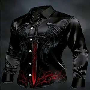 Men'S Retro Gothic Magic Sword Wing Print Long Sleeve Shirt, Black Body, Magic Sword Wing Totem Print, Dark Power Mysterious Style, Perfect for Casual And Party Occasions