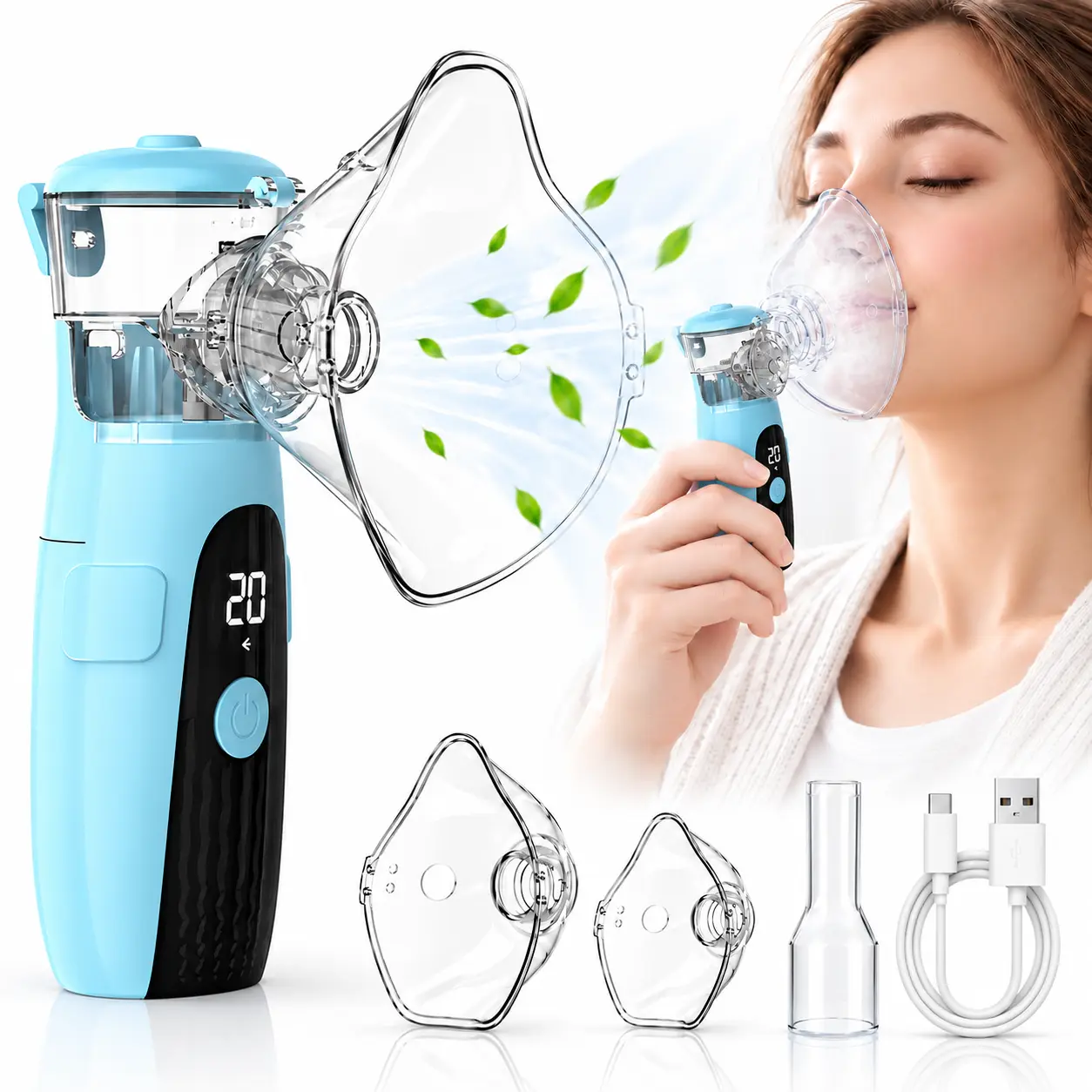 Handheld Nebulizer Machine , USB Rechargeable Portable Mesh Nebulizer 2 Mask Sizes, Compact for Home & Travel