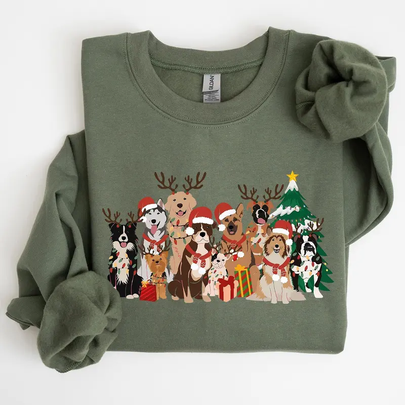 Christmas Dogs Antlers Reindeer Santa Claus Dog Lover Holiday Scene Festive Sweatshirt, Crew Neck, Women's, Crewneck