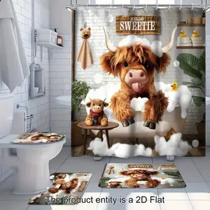 4pcs cute Highland Cow bathtub, exquisite shower curtain set, non-slip floor mat, U-shaped carpet, toilet cover, perfect for bathroom decoration, partition, beautify the space, 12 shower curtain hooks are given