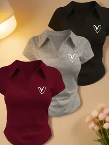 Women's 3 Pack Heart Graphic Polo Shirts, Short Sleeve V Neck Slim Fit Crop Tops, Soft Stretchy Y2K Aesthetic Tees, Casual Going Out Daily Wear for Teens, Juniors & Young Adults