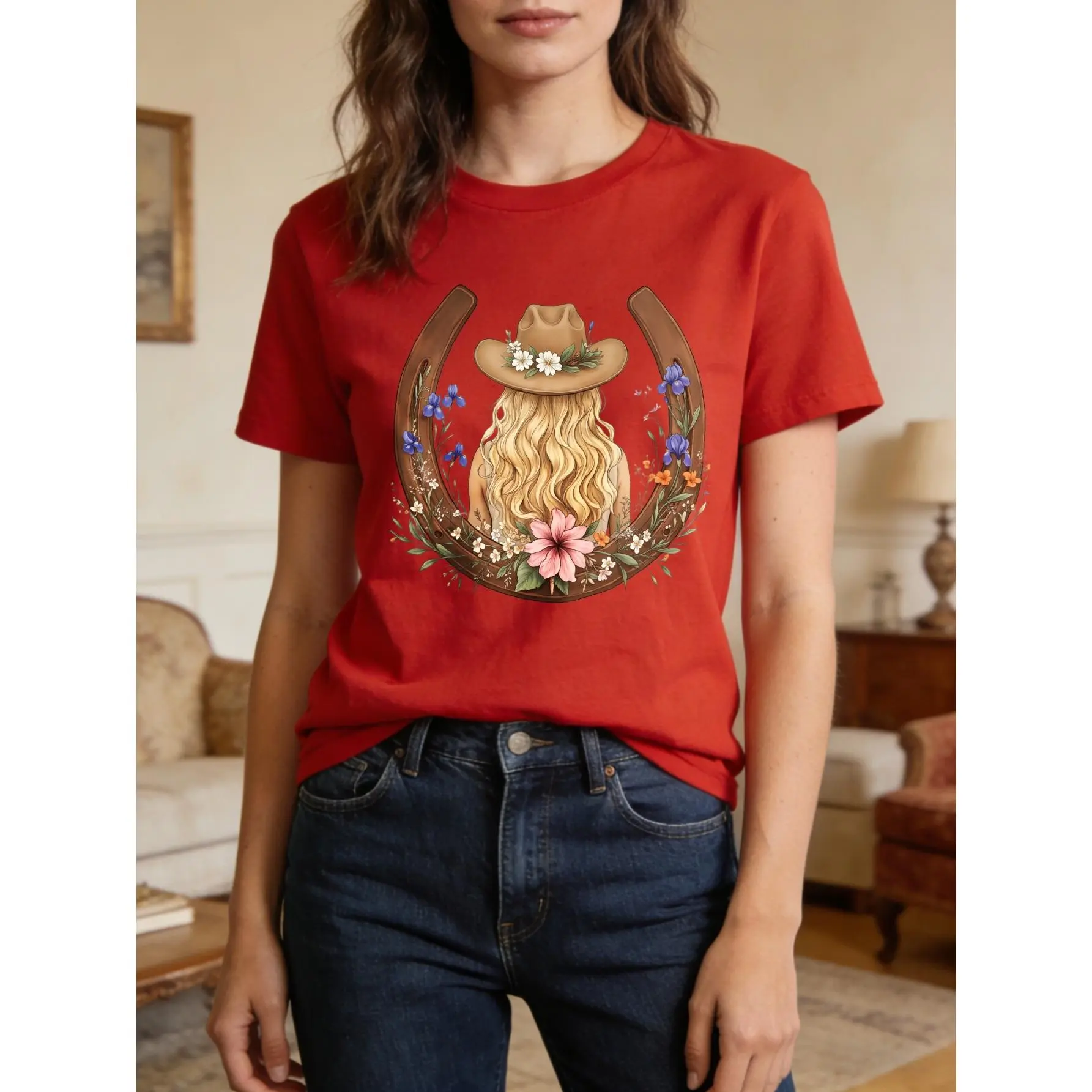 Unisex Country Western Chic Short-Sleeve Solid T-Shirt - Cowgirl Hat & Floral Horseshoe Design, Casual Spring-Summer Tops, Undershirt, Perfect Gift for Cowgirl Lovers, Grey & Red