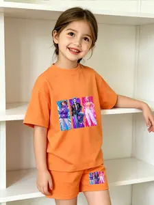 Girls' Street Style Two-Piece Set, Cartoon Print Short Sleeve Shorts, Breathable Summer Clothes, Casual Fashion for Kids
