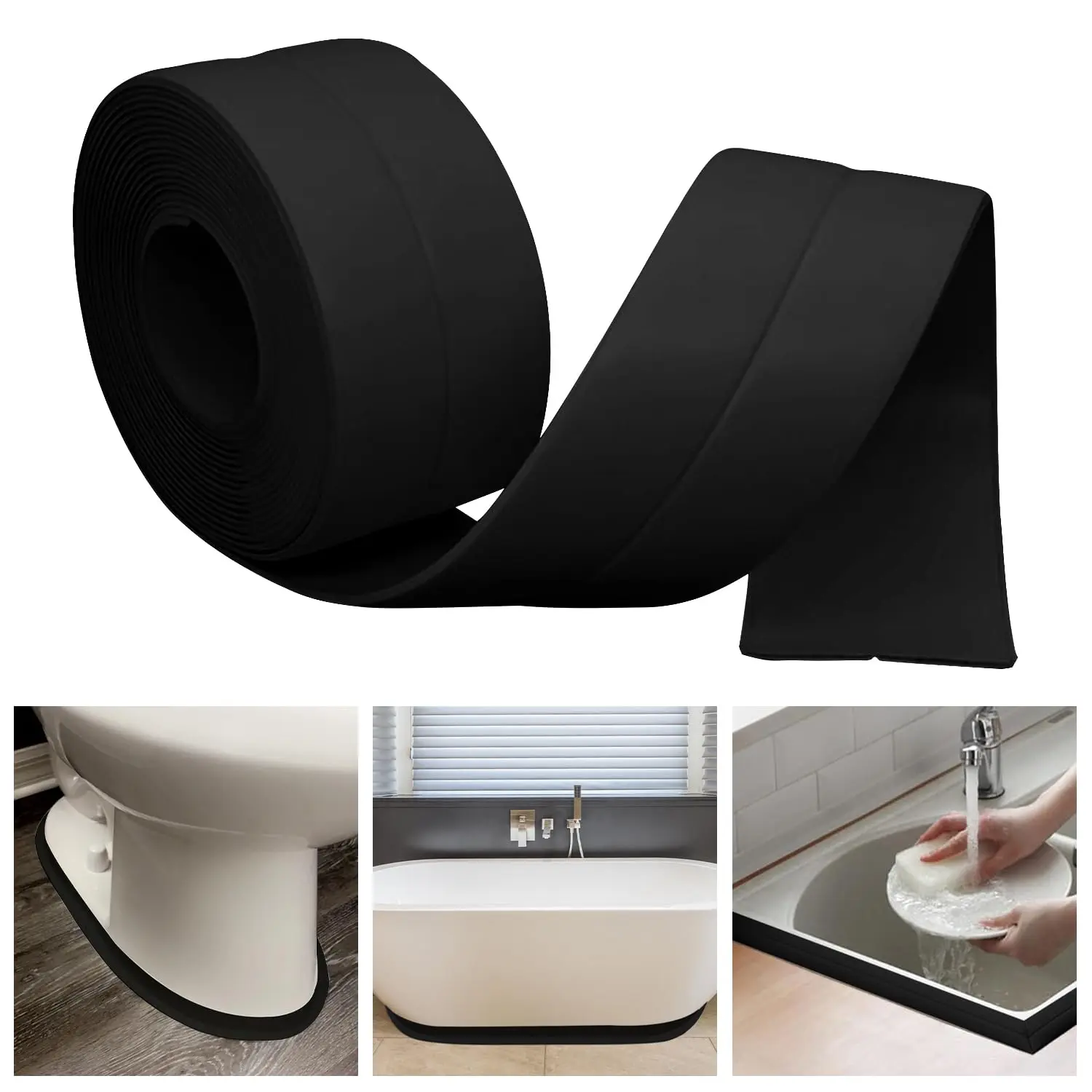 Caulk Tape Bath & Kitchen Self Adhesive , Toilet Caulking Strip, Bathtub Sealing Strip Tape Shower Caulk Bathroom Sealant, Traditional Caulking Replacement (Black, 1.5" x10.5Ft)