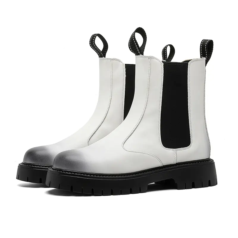 Men’s white high-top Chelsea boots in British style with internal height lift, ultra-thin leather upper, motorcycle boot design