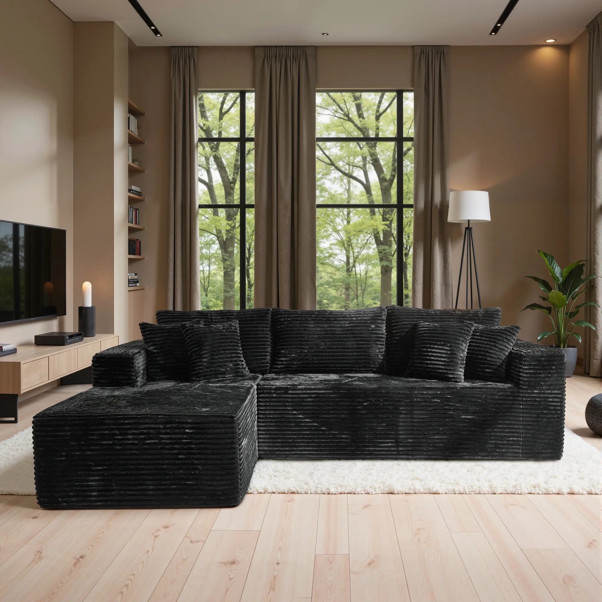 Black Corduroy Left Chaise Without Ottoman