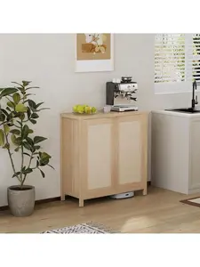 【Christmas Gift】Sideboard Buffet Kitchen Storage Cabinet With Rattan Decorated Doors,Coffee Bar Cabinet Buffet Console Table,Dining Room,Hallway,Cupboard Console Table Light Oak