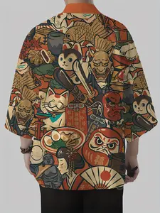 Ethnic Clothing Japanese Kimono Cardigan Men's Samurai Costume Shirt Jacket with Anime Pattern