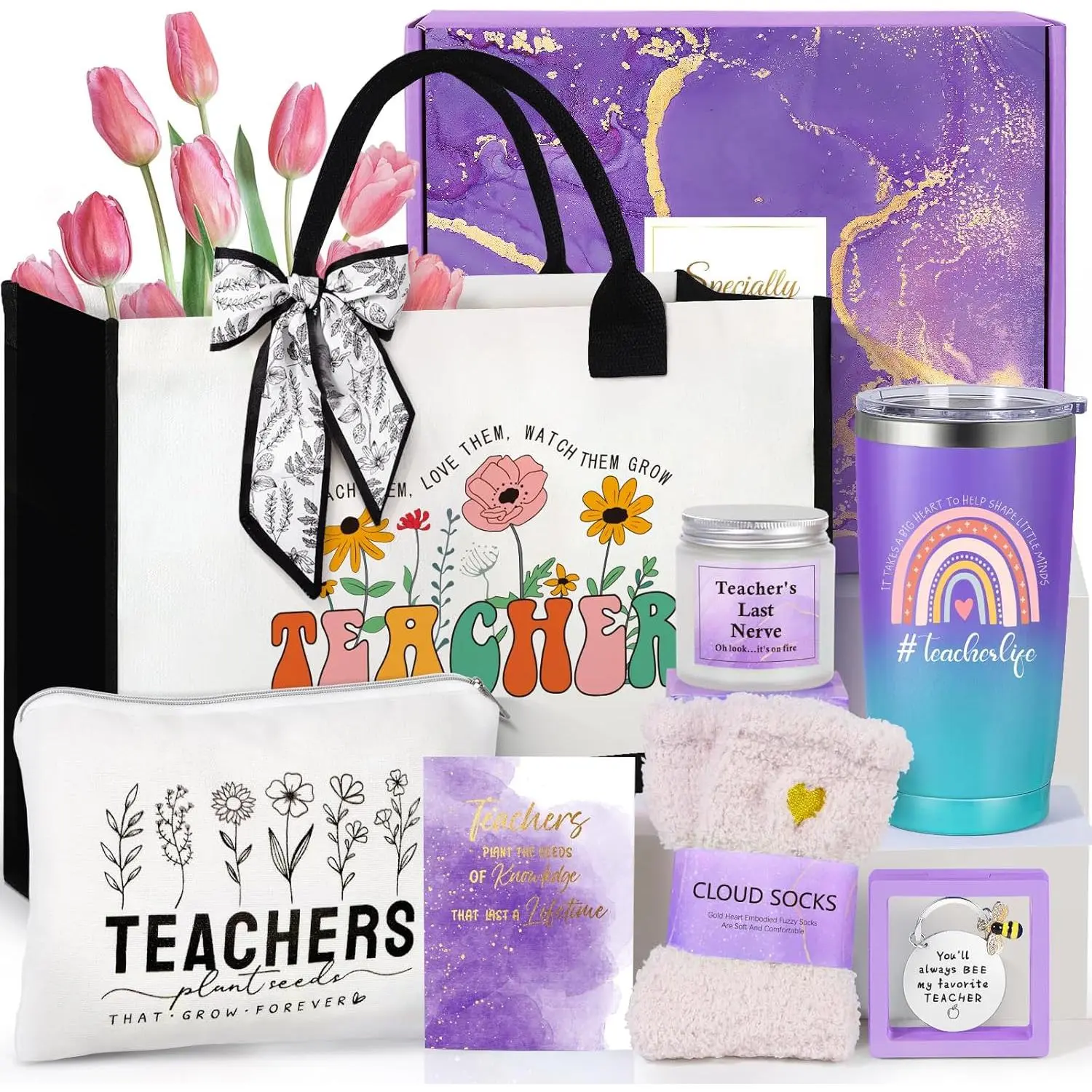 Teacher Appreciation Gifts,  Teacher Tote Bags for Women,  Gifts Ideas from Students - Funny Thank You Basket Box  to School Gifts, Teacher Christmas Gifts Birthday Gifts Purple