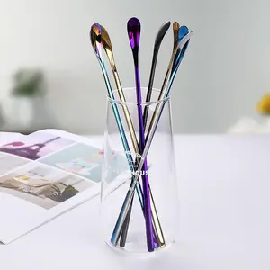 Long-handled 7.6 Inch Stainless Steel Coffee Spoons Set of 6 6 Colors for Ice Tea Coffee Cocktail Stirring Milkshake Cold Drink Ice Cream Scoop