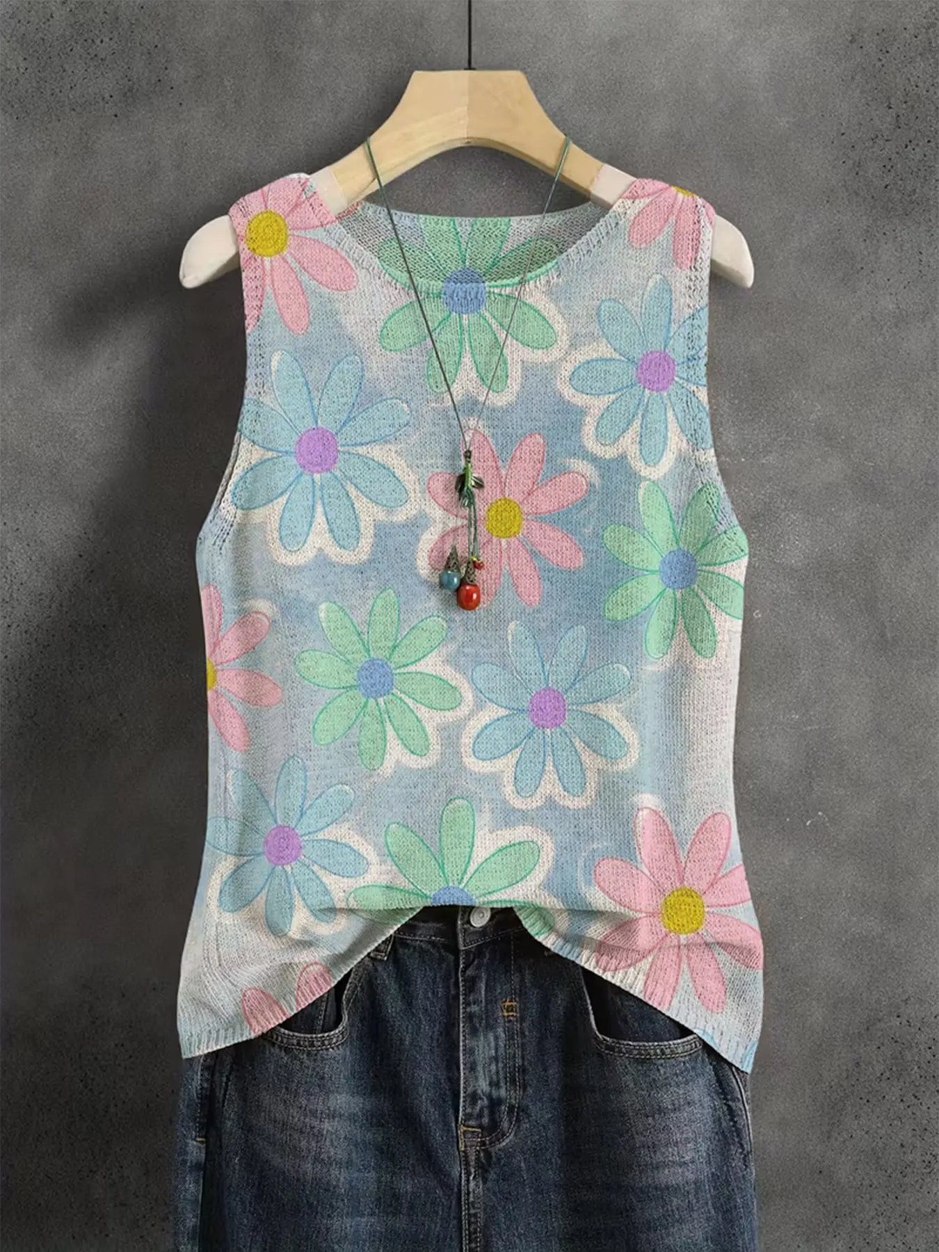 Elegant Floral Print Round Neck Knit Vest for Women, Knitted Vest Top, Casual Sleeveless Knit Top, Breathable Fashion for Spring Summer Fall, Summer Tops
