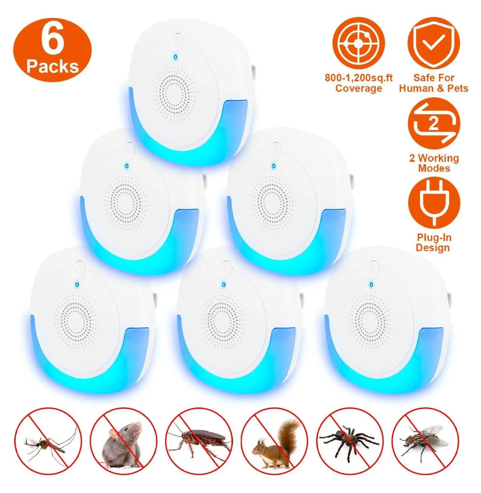 Indoor Ultrasonic Pest Repellent (6-Pack), Chemical-Free Plug-In Pest Control Deterrent for Mice, Spiders, Mosquitoes - Dual Mode, 90-250V Safe White Mosquito Repellent, Dual Modes
