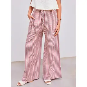 Cider Women's Woven Mid-Rise Trousers with Stripe Accents & Knotted Pocket Detail, Elastic Waist Wide-Leg Sweatpants for Vacation-Ready Summer Styling and Spring vacation Getaways(Sheet)