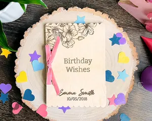 Personalized First Birthday Card Holder with Engraved Flowers – Baby Keepsake for Cards – Name Date Custom Memory Binder – Wooden Card Album