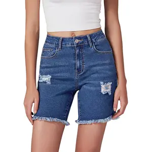 Luvamia Jean Shorts for Women High Waisted Trendy Casual Distressed Stretchy Denim Long Shorts Ripped Raw Hem Shorts Nice Jeans Bottom Basic