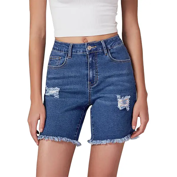 Luvamia Jean Shorts for Women High Waisted Trendy Casual Distressed Stretchy Denim Long Shorts Ripped Raw Hem Shorts Nice Jeans Bottom Basic