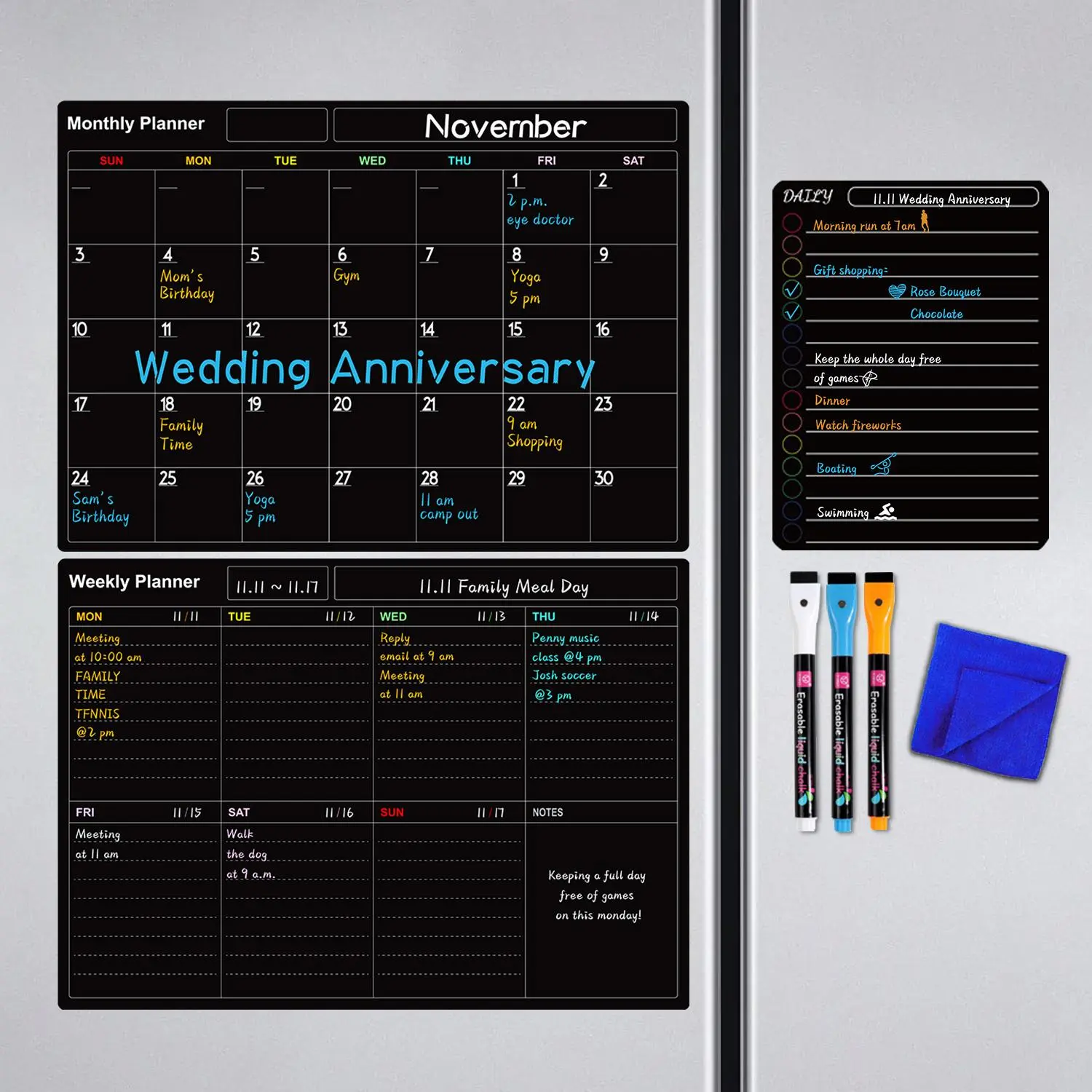 Magnetic Dry Erase Board Set, 1 Set Including 1/2/3 Counts Monthly Calendar Blackboard Planner & 3 Marker Pens & 1 Cleaning Cloth, Organizer Black Board, Dry Erase Calendar For Fridge, Fridge Calendar Magnetic, Magnetic Calendar For Refrigerator