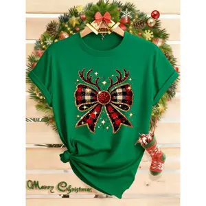 Women's Green Christmas T-Shirt with Golden Bow & Plaid Antler Print - Short Sleeve Round Neck Casual Top, Red/Golden/Turquoise Holiday Party Outfit, Elegant Gift for Xmas (Machine Washable) - Festive Bow Accent Not Included