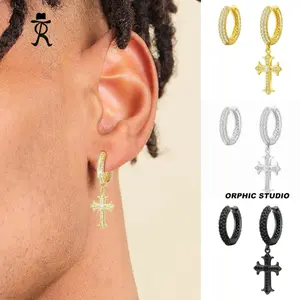 ORPHIC Cross Dangle Earrings for Men ,Trendy Huggie Hoop Earrings Hypoallergenic CZ Hiphop Drop Earring