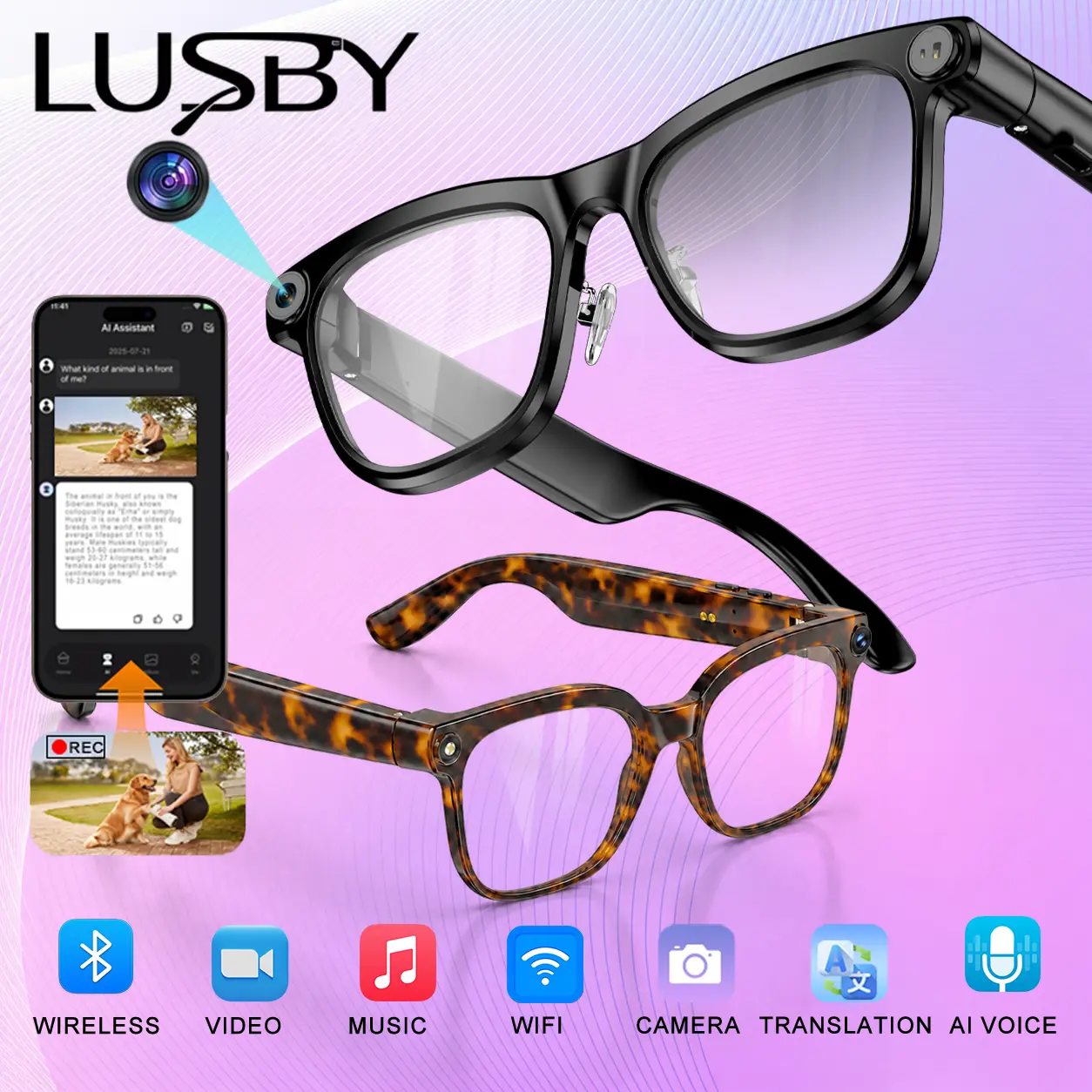 LUSBY Smart AI Camera Glasses with 8MP Photochromic Lenses, Button-Touch Adjustment, 160+ Languages Real-Time Translation, Bluetooth Wireless Video Recording, UV Sun Protection, Cool Gadgets for Travel Outdoor Adventures, Mens Gifts for Him Easter Gift, U