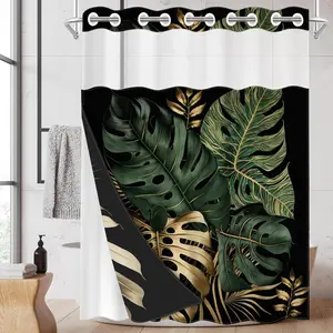 1PC 2D Flat Luxury Black Gold Monstera Tropical Leaf Shower Curtain, Green Plant Gold Foil Design, Bathroom Decor, Waterproof Detachable Liner Bathroom Curtain (No Hooks)