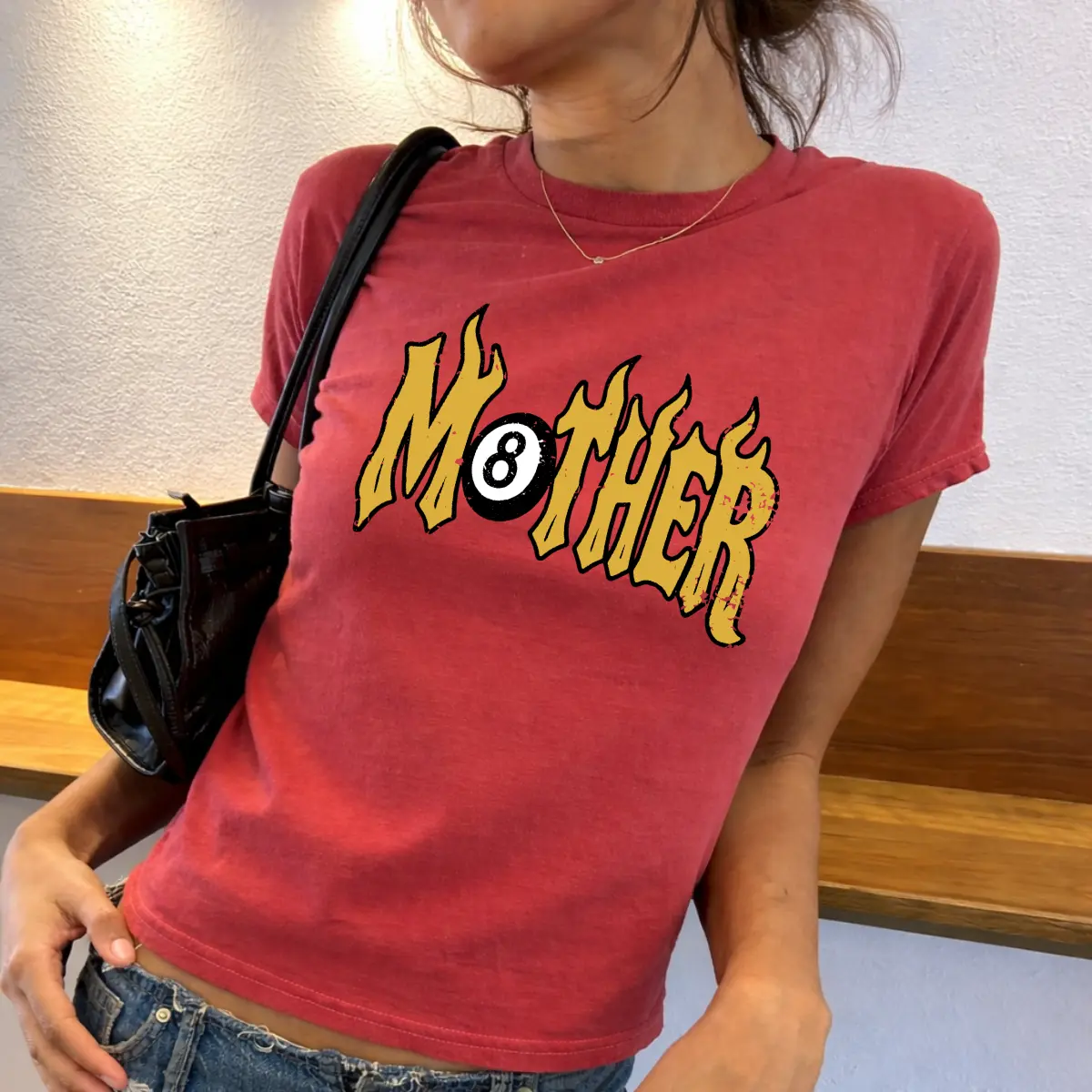 Mother Baby Tee, Trendy Flame Graphic Fitted T-Shirt, Y2K Aesthetic 8 Ball Style Shirt for Women, Viral Streetwear Cool Girl Top