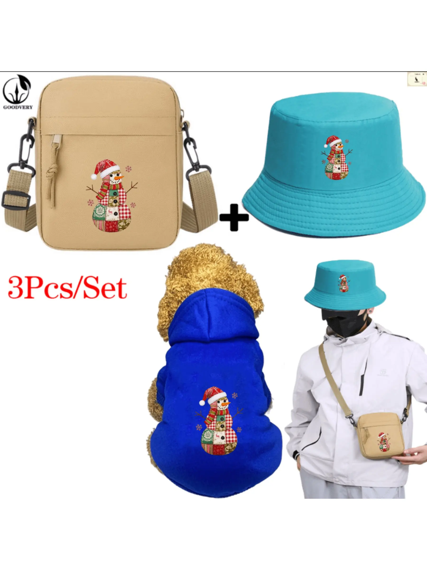 Patchwork Christmas Snowman Print, Pet Hoodie and Fisherman Hat and Crossbody Bag Three-in-one Combination, Universal for Men and Women, New Style of Pet Hoodie, 3Pcs Suit Stylish Hat Crossbody Bag Pet Hoodie Suit