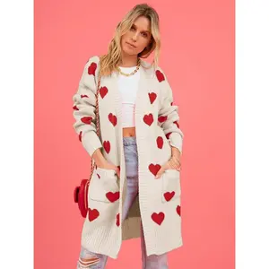 Women's Casual Heart Pocket Mid-Length Knit Cardigan Sweater Coat, Fall Winter Fashion, Long Sleeve Drop Shoulder Design