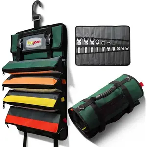 Heavy Duty Roll Up Tool Bag, Heavy Duty See-Through Tool Roll Organizer, 5 Color Coded Detachable Pouches & Wrench Roll, Portable Mechanic &  Tool Bag, Birthday & Father's Day