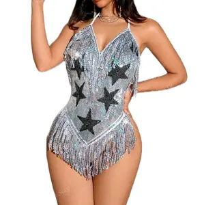 SIiver Metallic V-Neck Sparkling Sequin Fringe Bodysuit with Star Pattern for Women - Womenswear, Tops