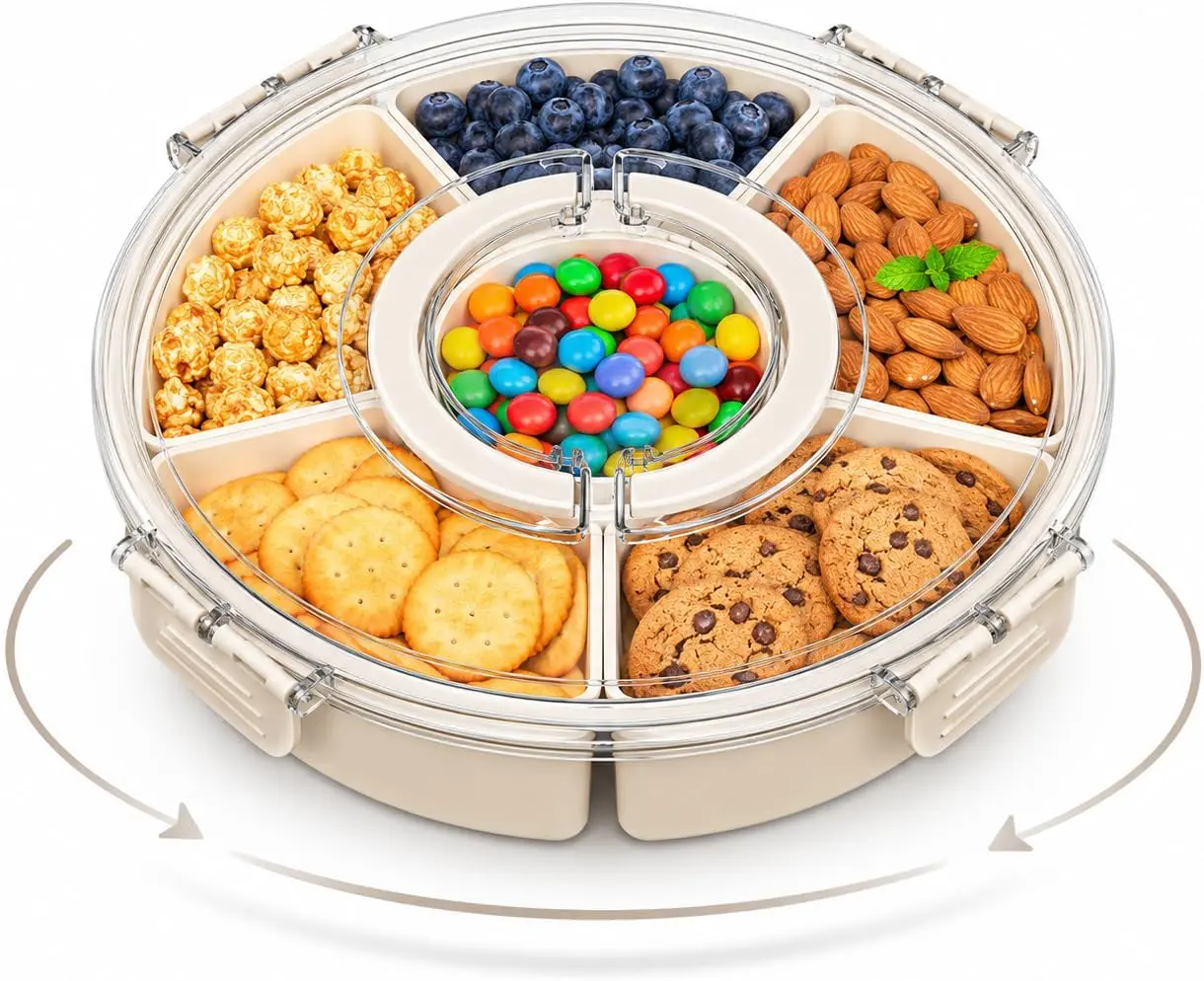 Rotating Snackle Box Container with Clear Snap-On Lid, 11" Divided Serving Tray with 6 Removable Compartments for Charcuterie, Veggie Platter & Taco Bar 360° Lazy San Snack Spinner