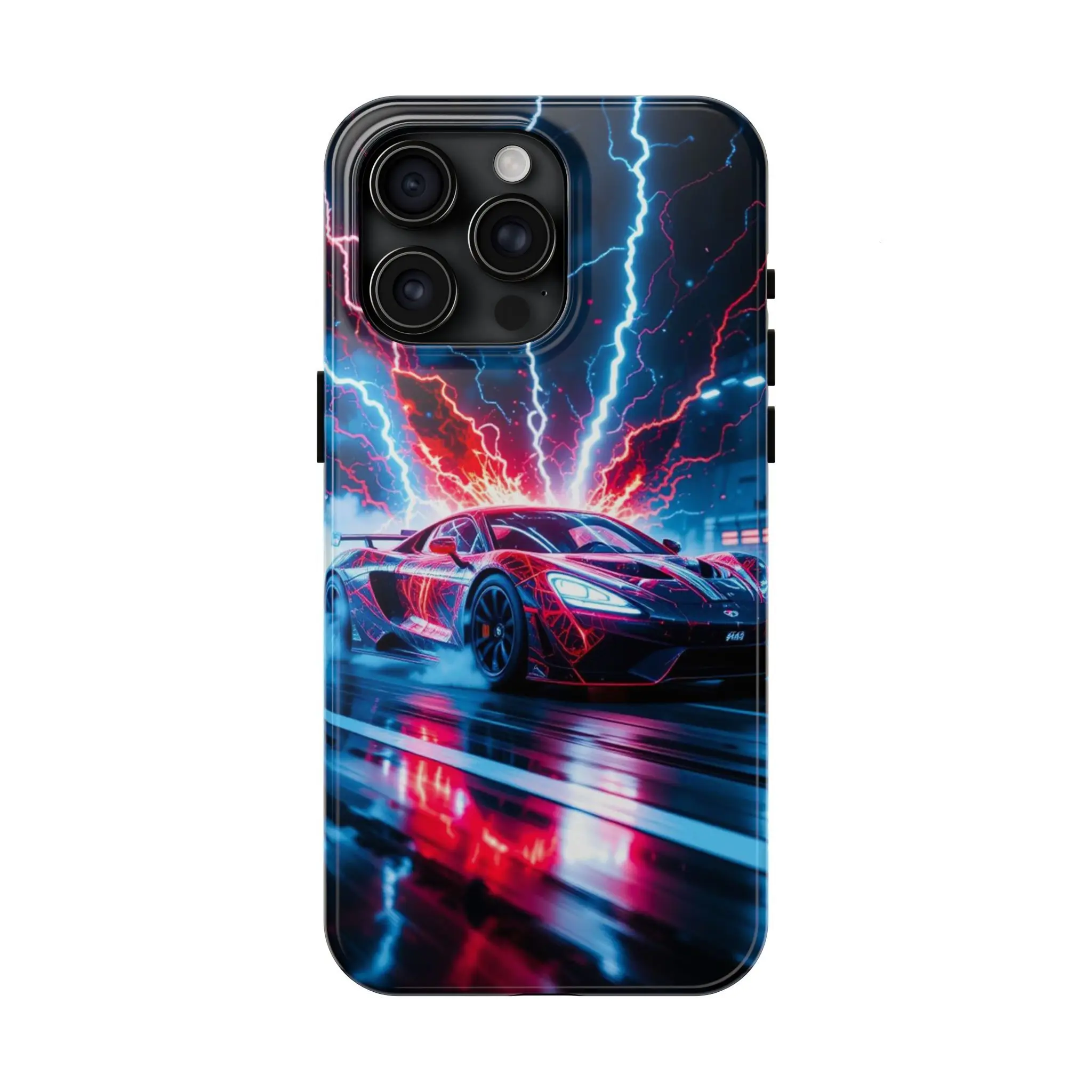 Neon Lightning Supercar Phone Case – Electric Racing Car Night Drive Graphic Protective Cover, Phone Cover for iPhone 7-17 Pro Max / for Samsung S21-S25 Ultra