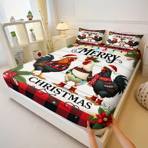 3Pcs Festive Rooster Printed Fitted Sheet Set, Whimsical Christmas Themed Bed Sheet Set, Soft & Cozy Microfiber Bedding, Ideal for Holiday Decor in Any Bedroom or Guest Room, No Filler