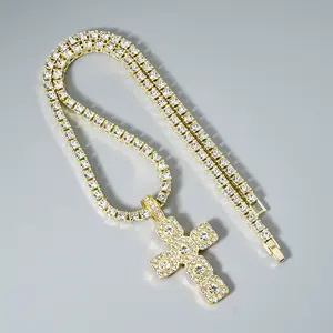 Men’s cross-shaped diamond pendant tennis chain necklace; gold and silver hip-hop accessories are very popular.