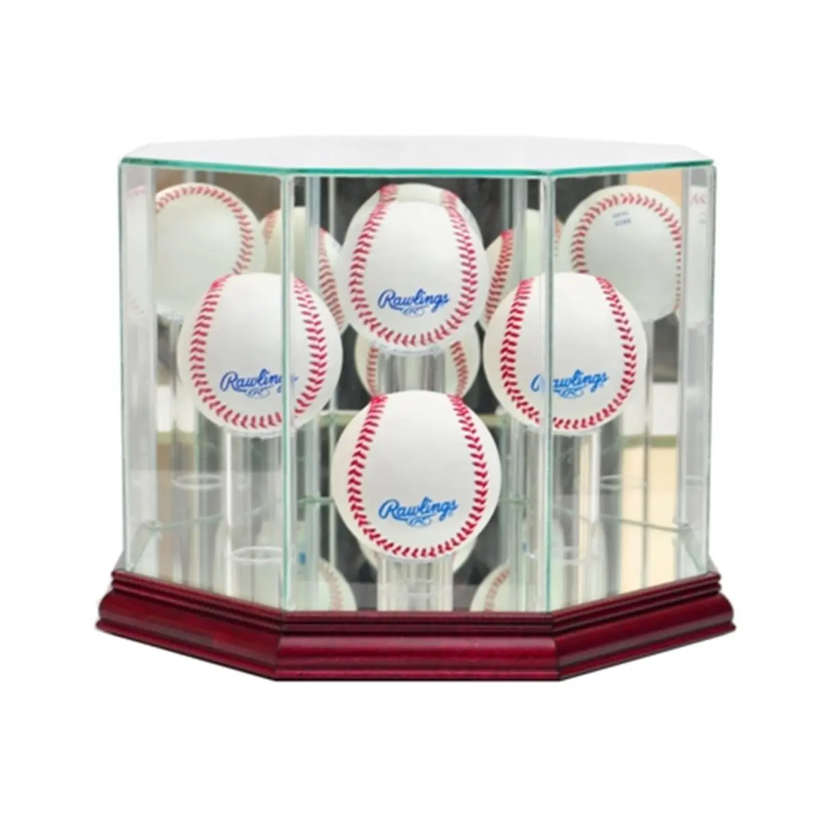 212 MAIN Real Wood Octagonal Baseball Display Case - 4 Balls Capacity, Cherry Finish, UV Protection, Mirror Back, Autographed Memorabilia & Sports Collectibles Accessory